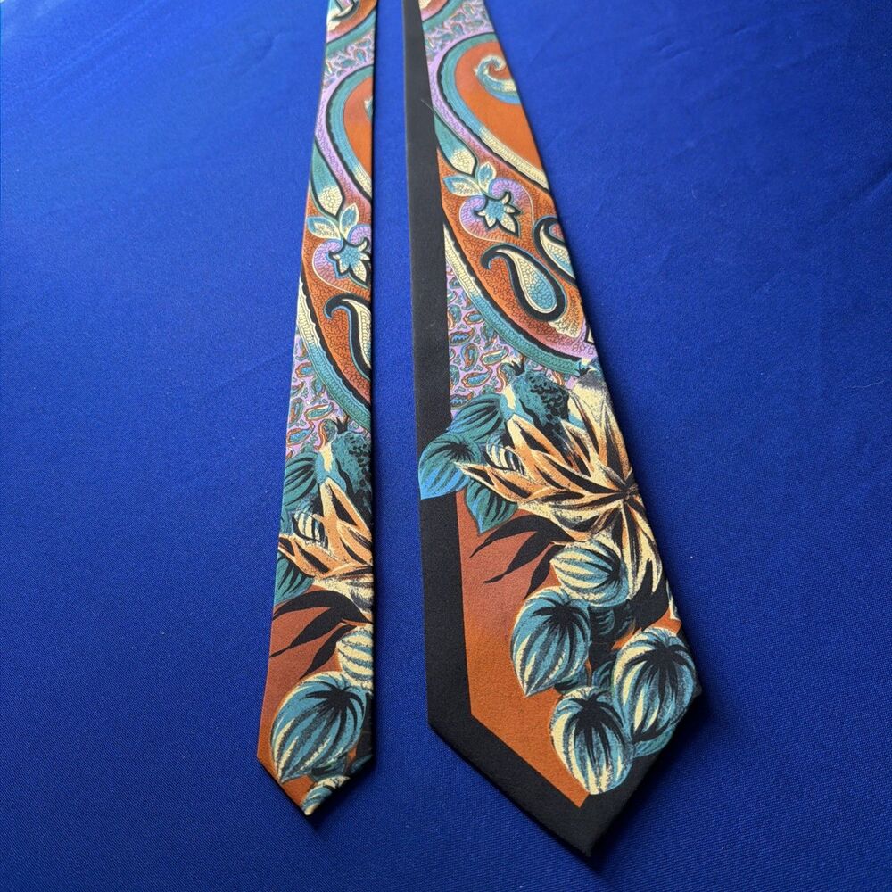 Fabio Caviglia Vitaliano Pancaldi Silk Tie Black Tropical Gold Teal 57.5 x 3.75